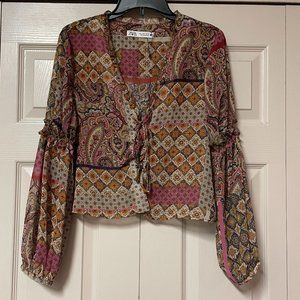 Zara sheer lace up long sleeve peasant boho crop blouse top paisley size L NWOT